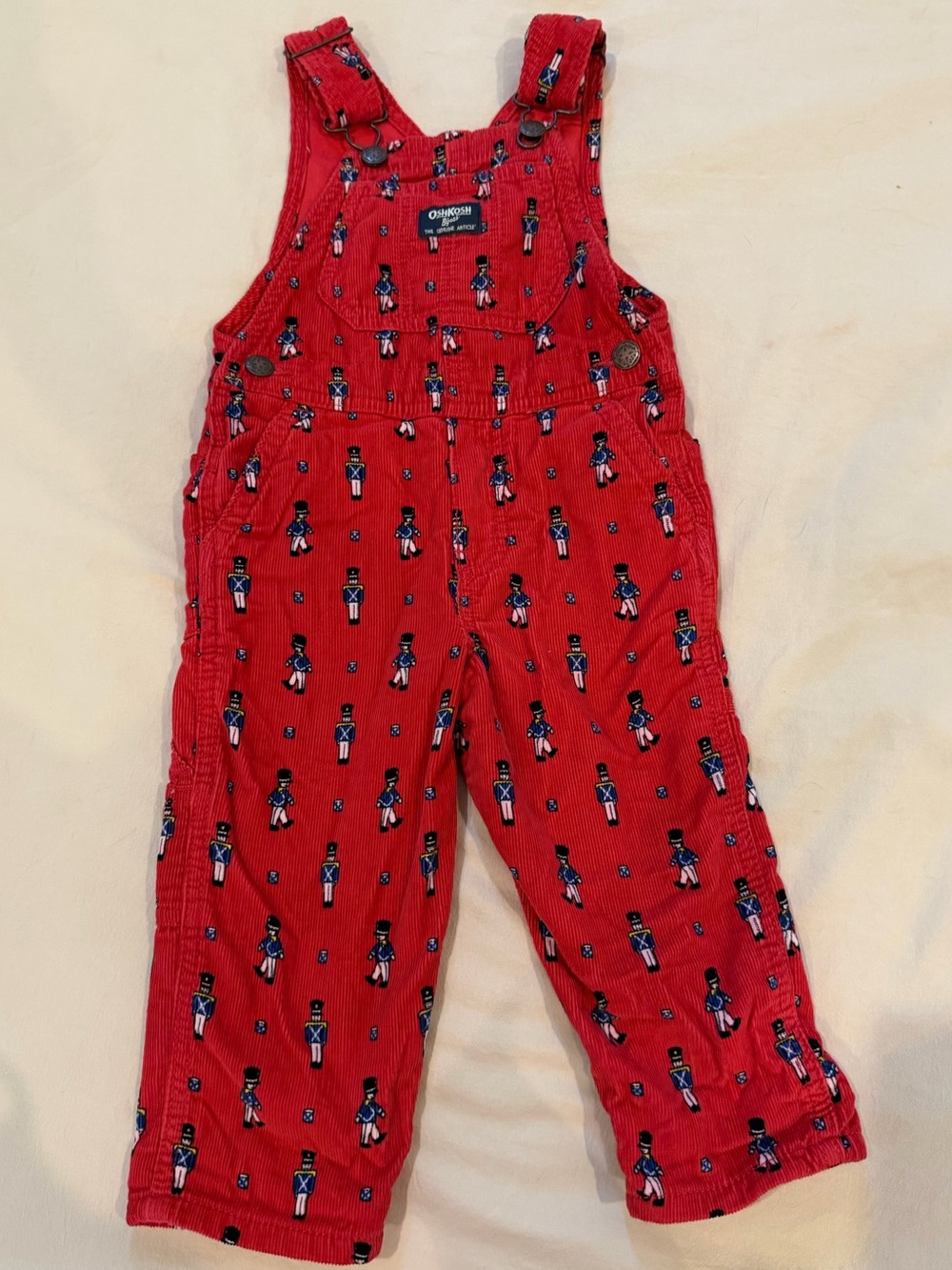 OshKosh B'gosh Red Corduroy Overalls with Toy Soldier Motif